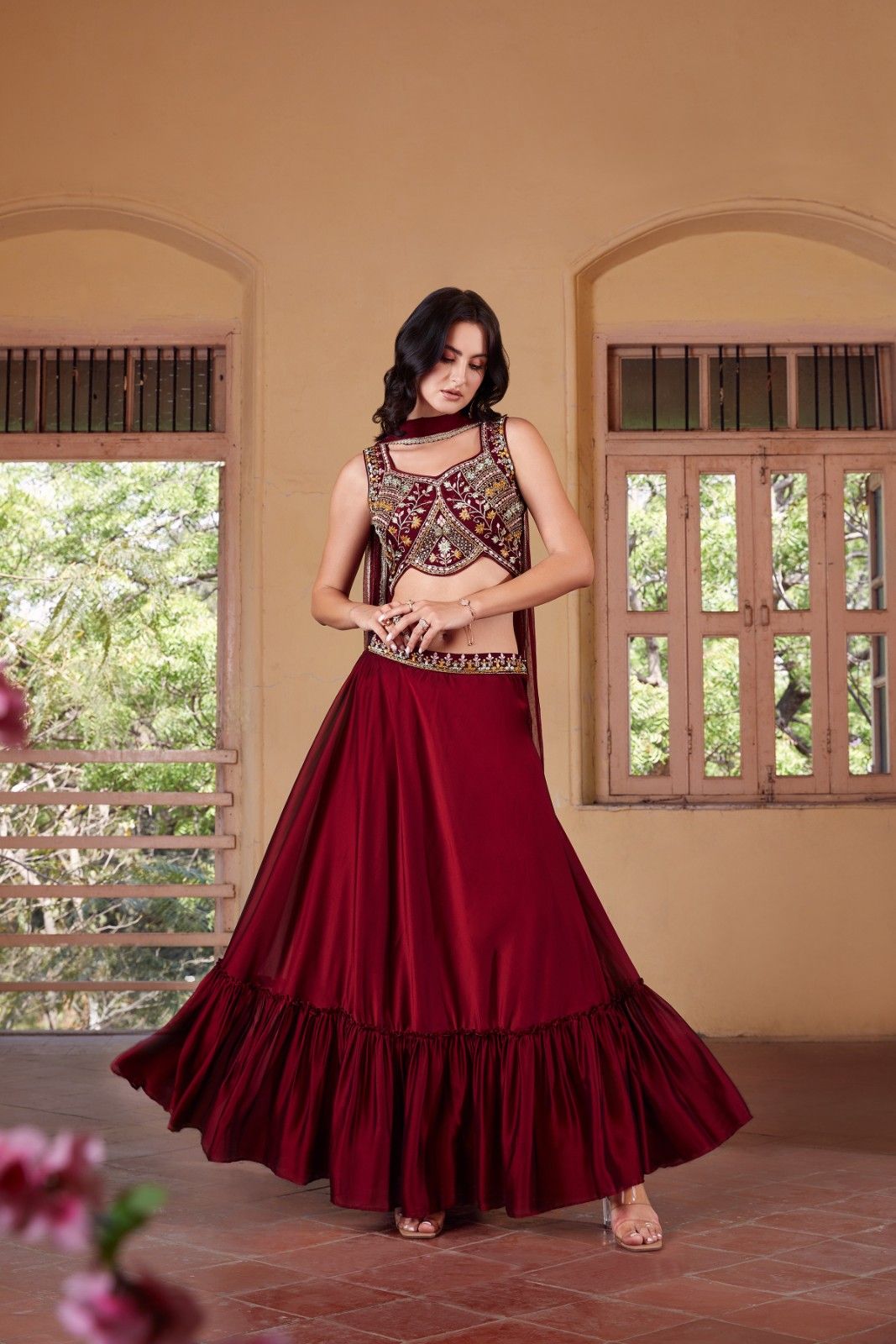 Beautiful Maroon Hand-Work Embroidered Indo-Western IWJ0025