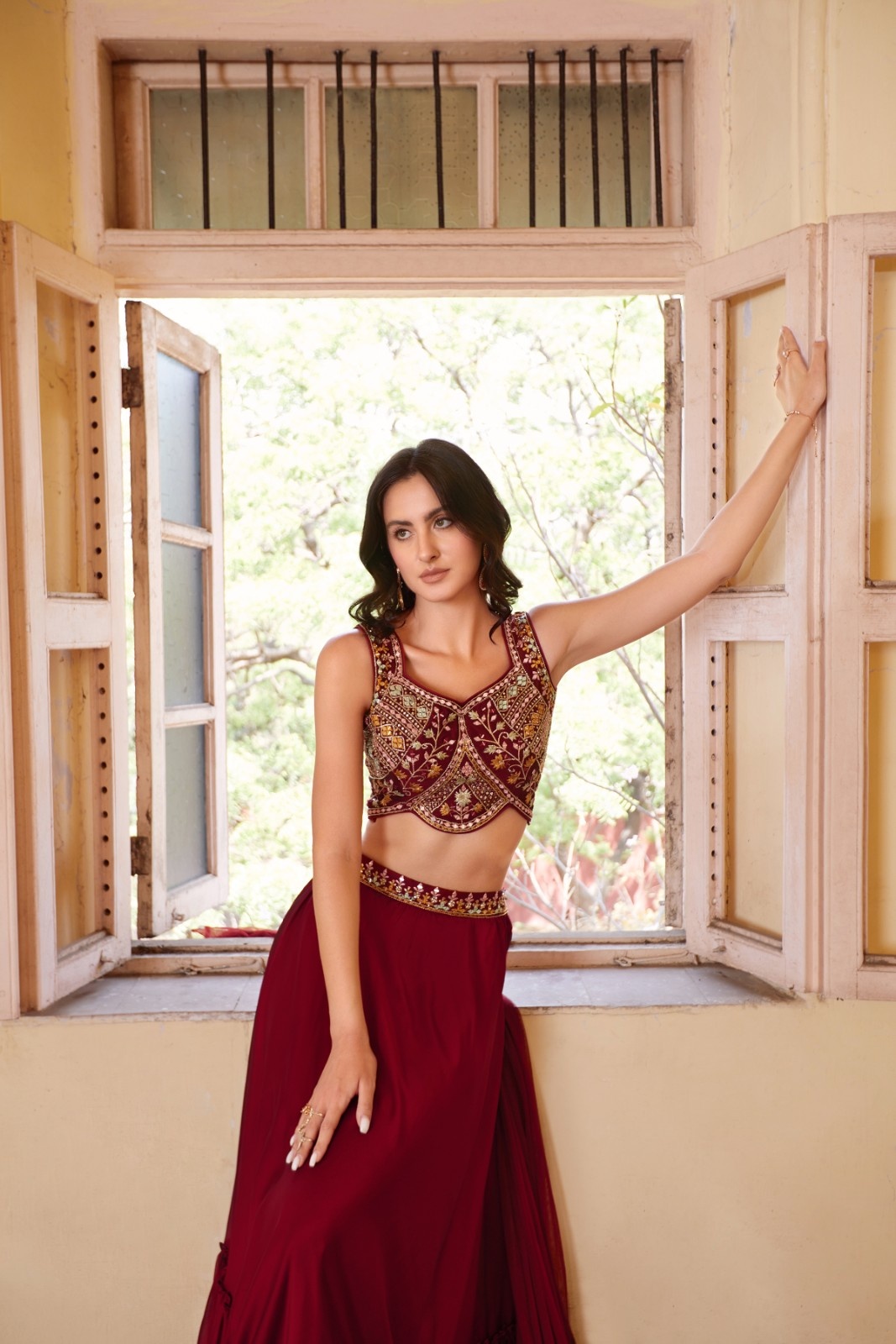 Beautiful Maroon Hand-Work Embroidered Indo-Western IWJ0025
