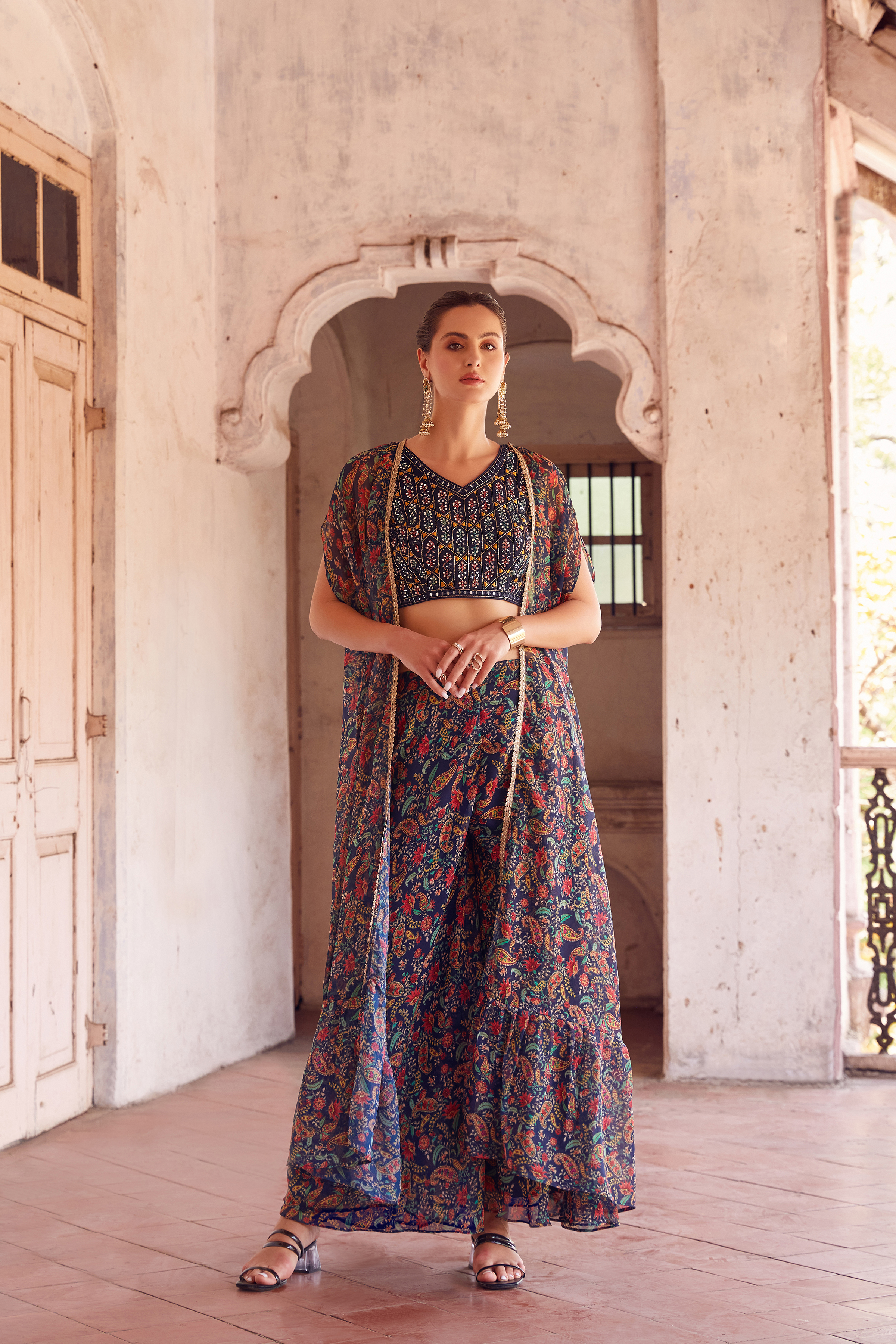 Blue Floral Printed Hand-Work Embroidered Indowestern IWJ0028