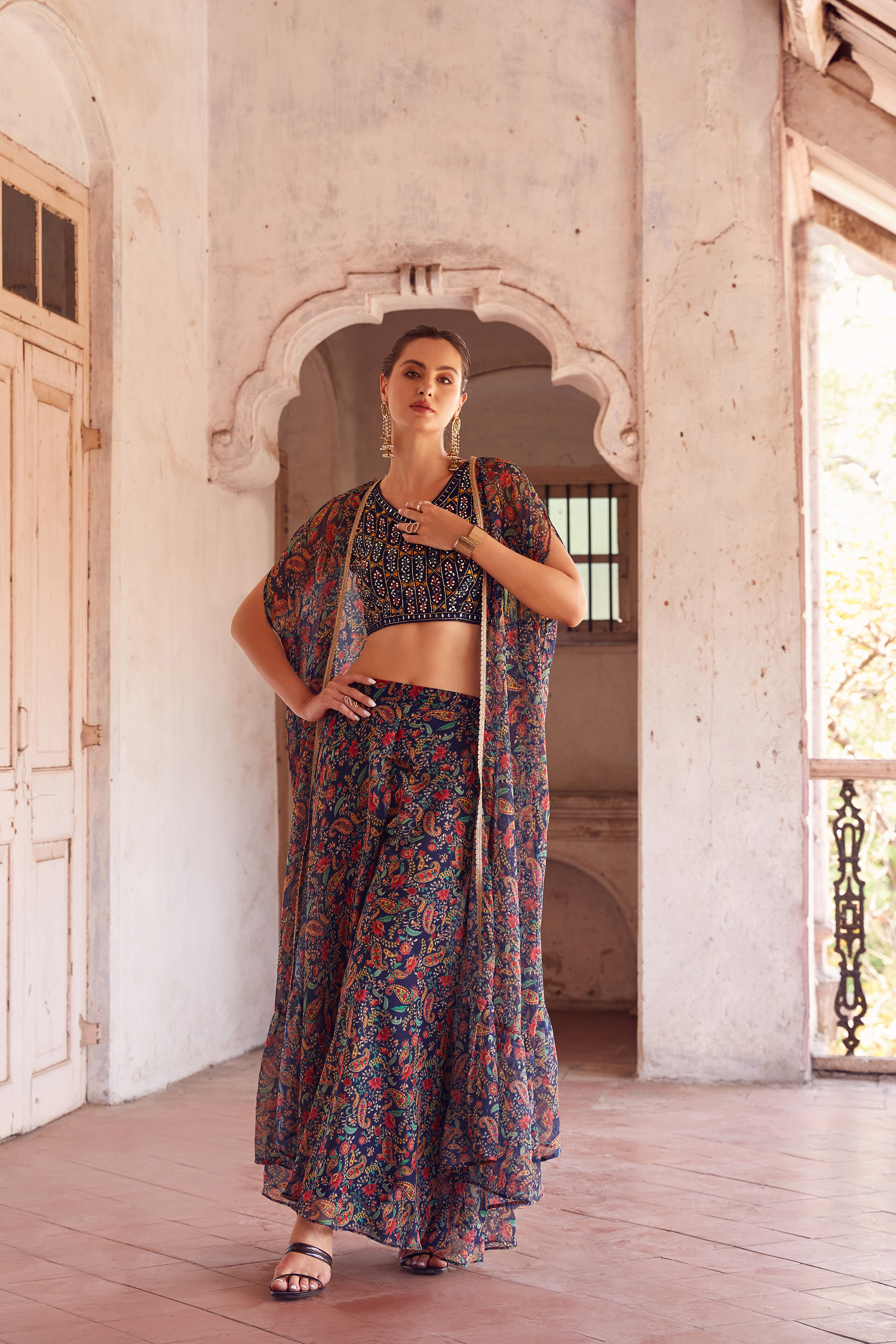 Blue Floral Printed Hand-Work Embroidered Indowestern IWJ0028