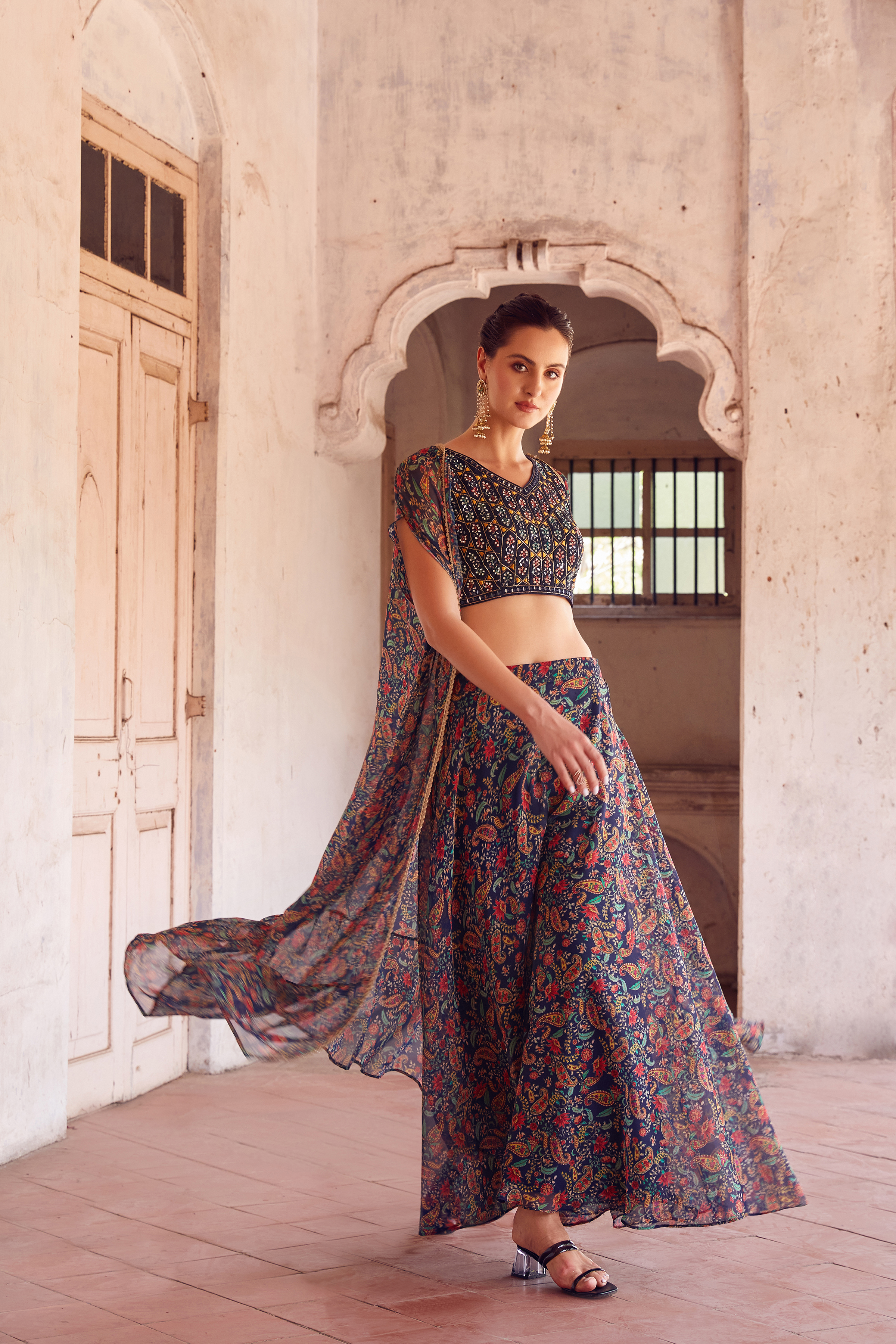 Blue Floral Printed Hand-Work Embroidered Indowestern IWJ0028