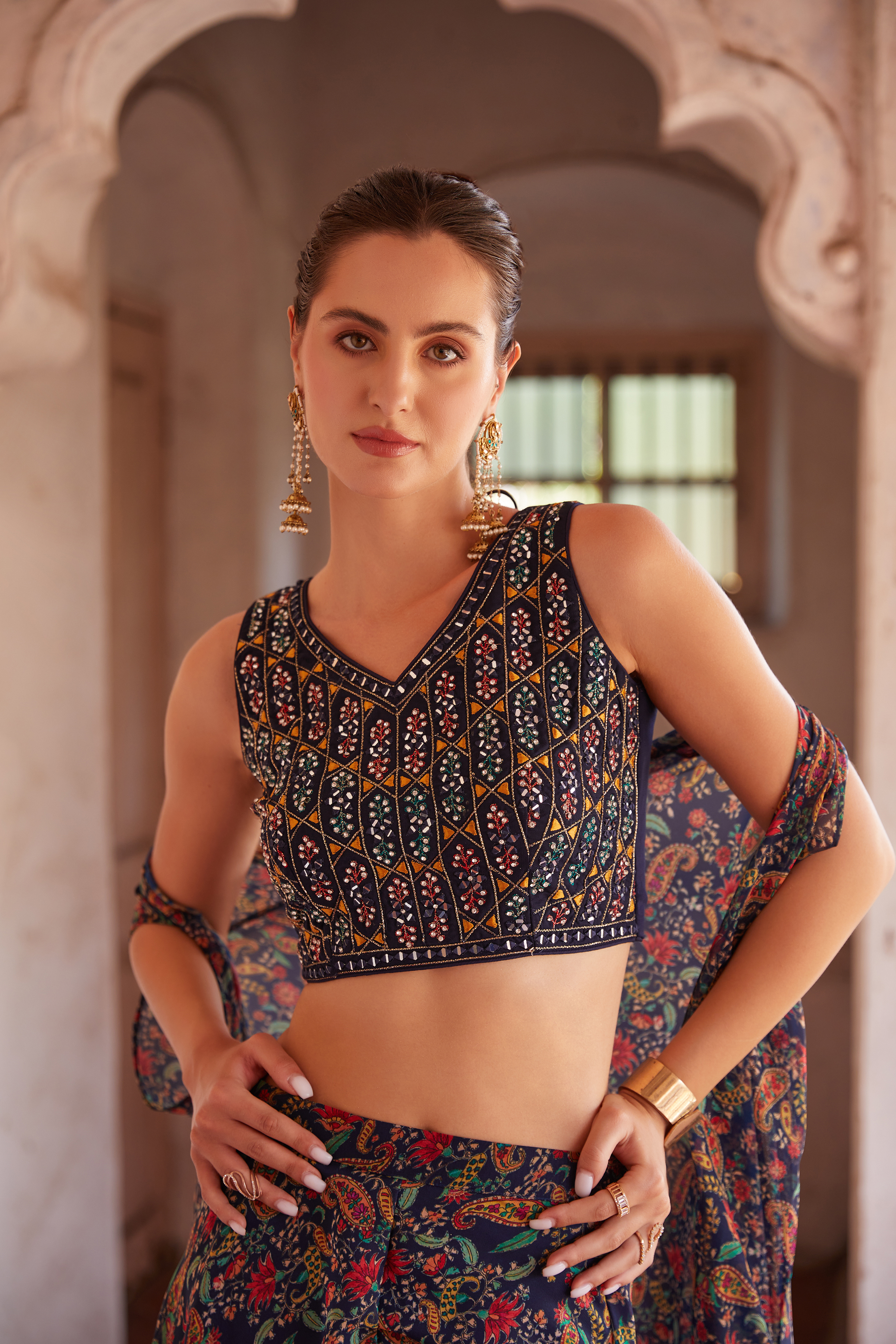 Blue Floral Printed Hand-Work Embroidered Indowestern IWJ0028