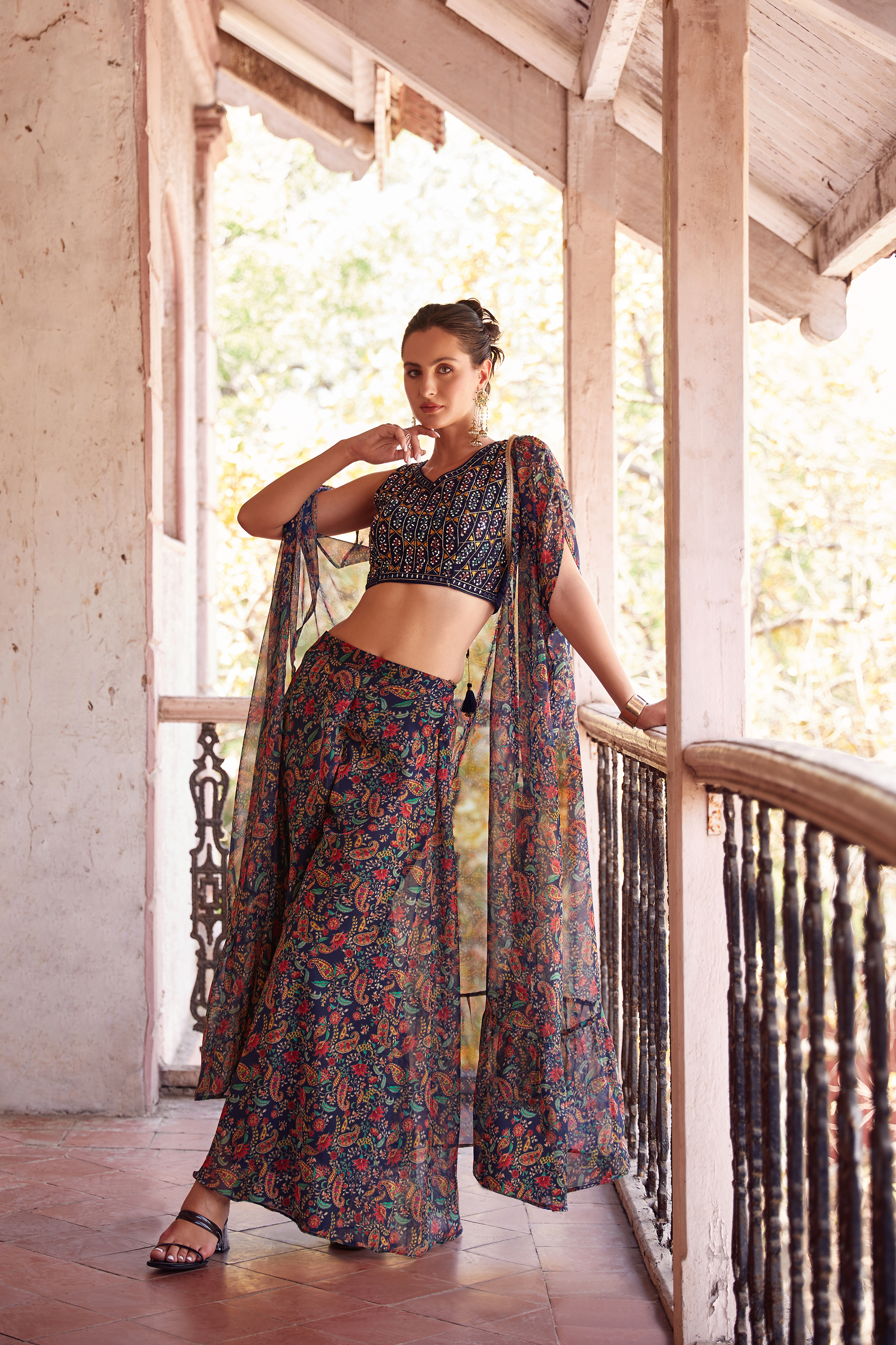 Blue Floral Printed Hand-Work Embroidered Indowestern IWJ0028