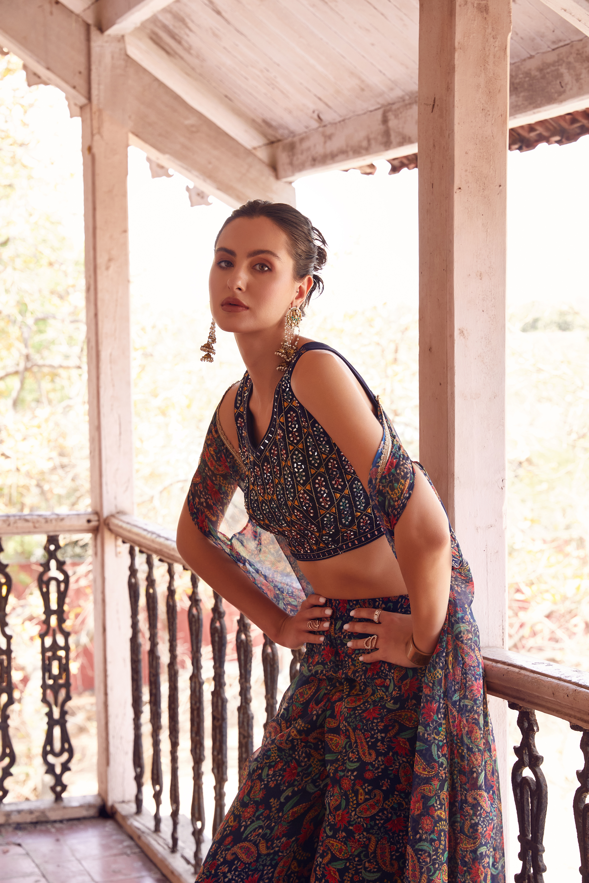 Blue Floral Printed Hand-Work Embroidered Indowestern IWJ0028