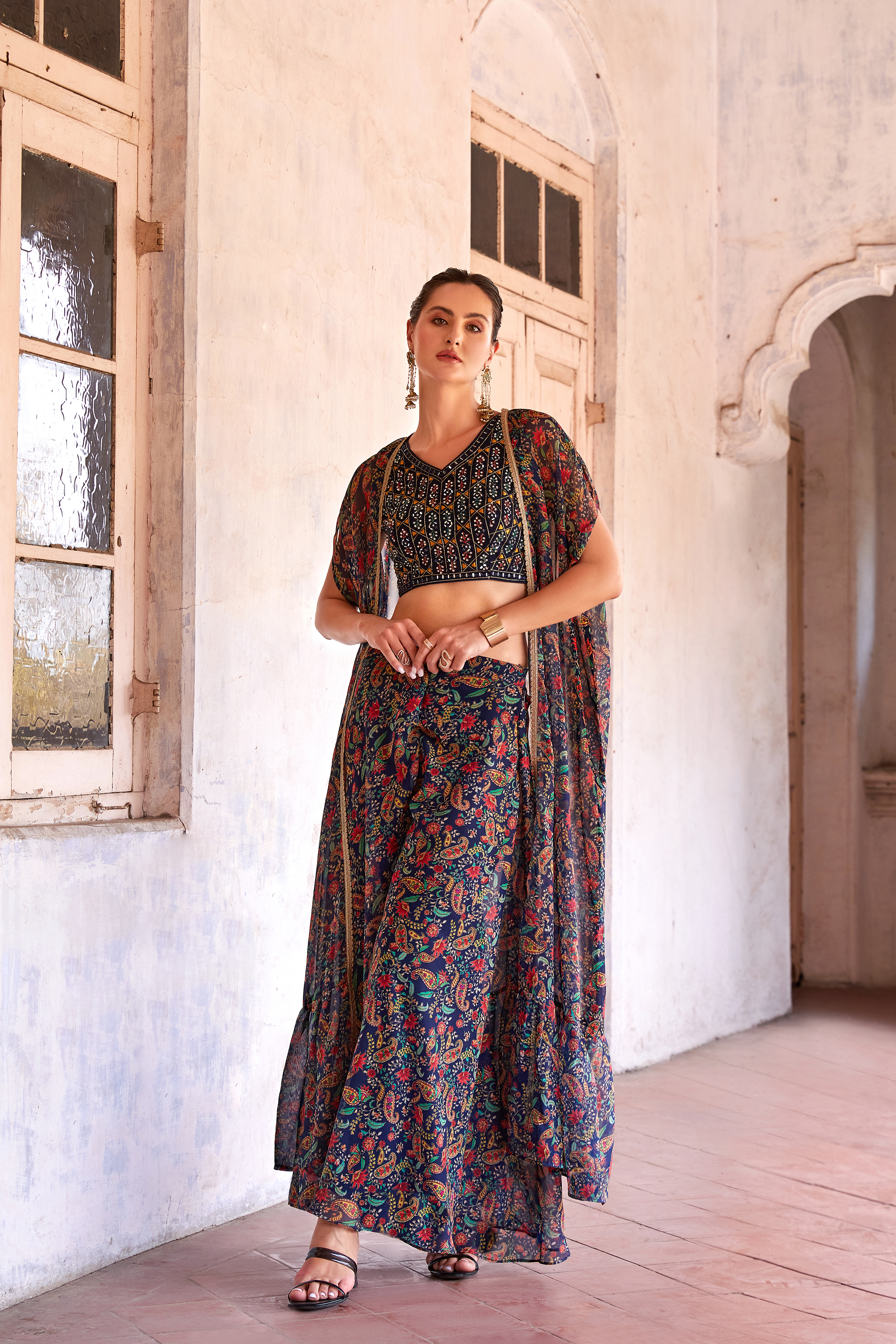 Blue Floral Printed Hand-Work Embroidered Indowestern IWJ0028