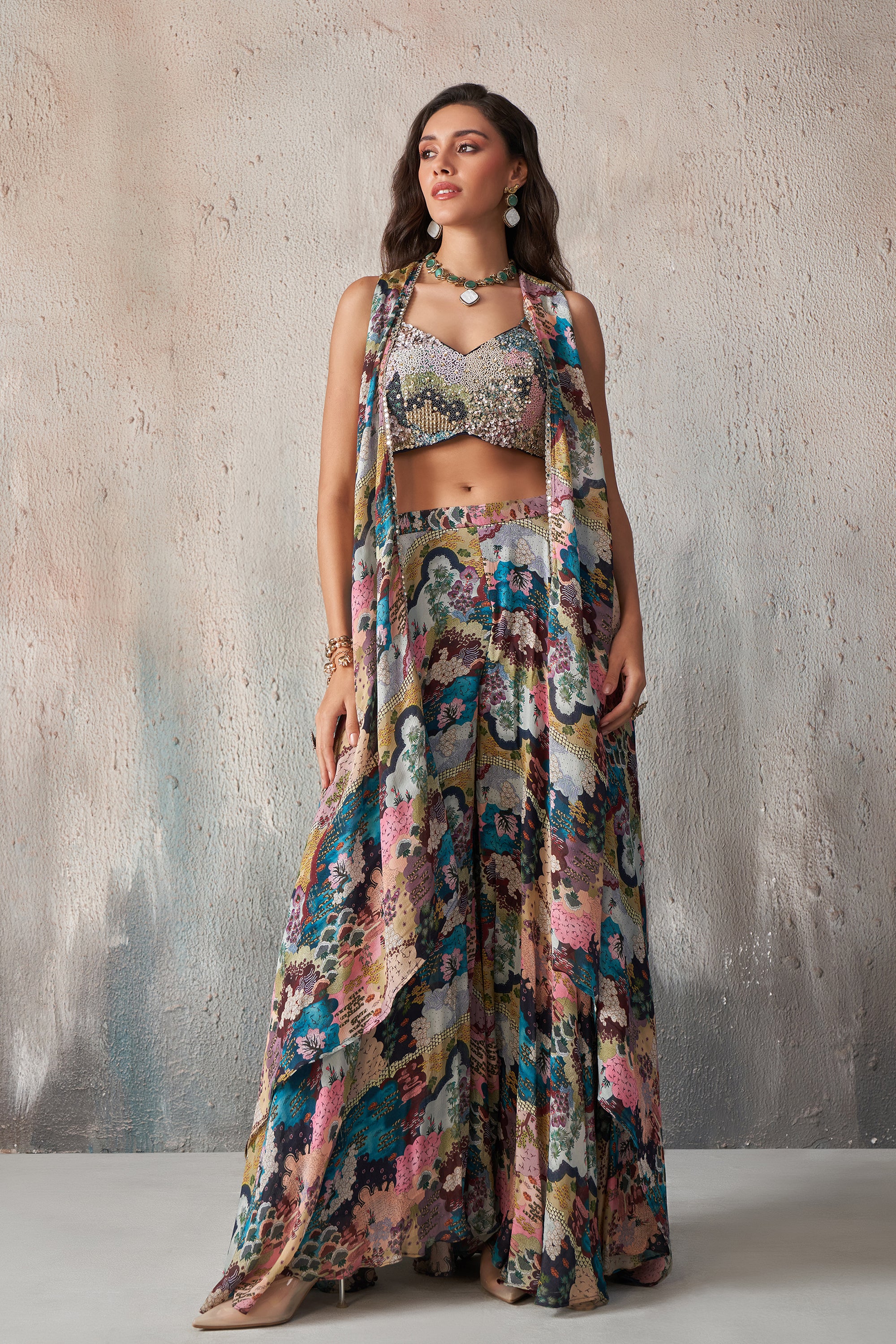 Chinnon Printed Khatli Work Blouse Sharara indo-Western IWJ0023