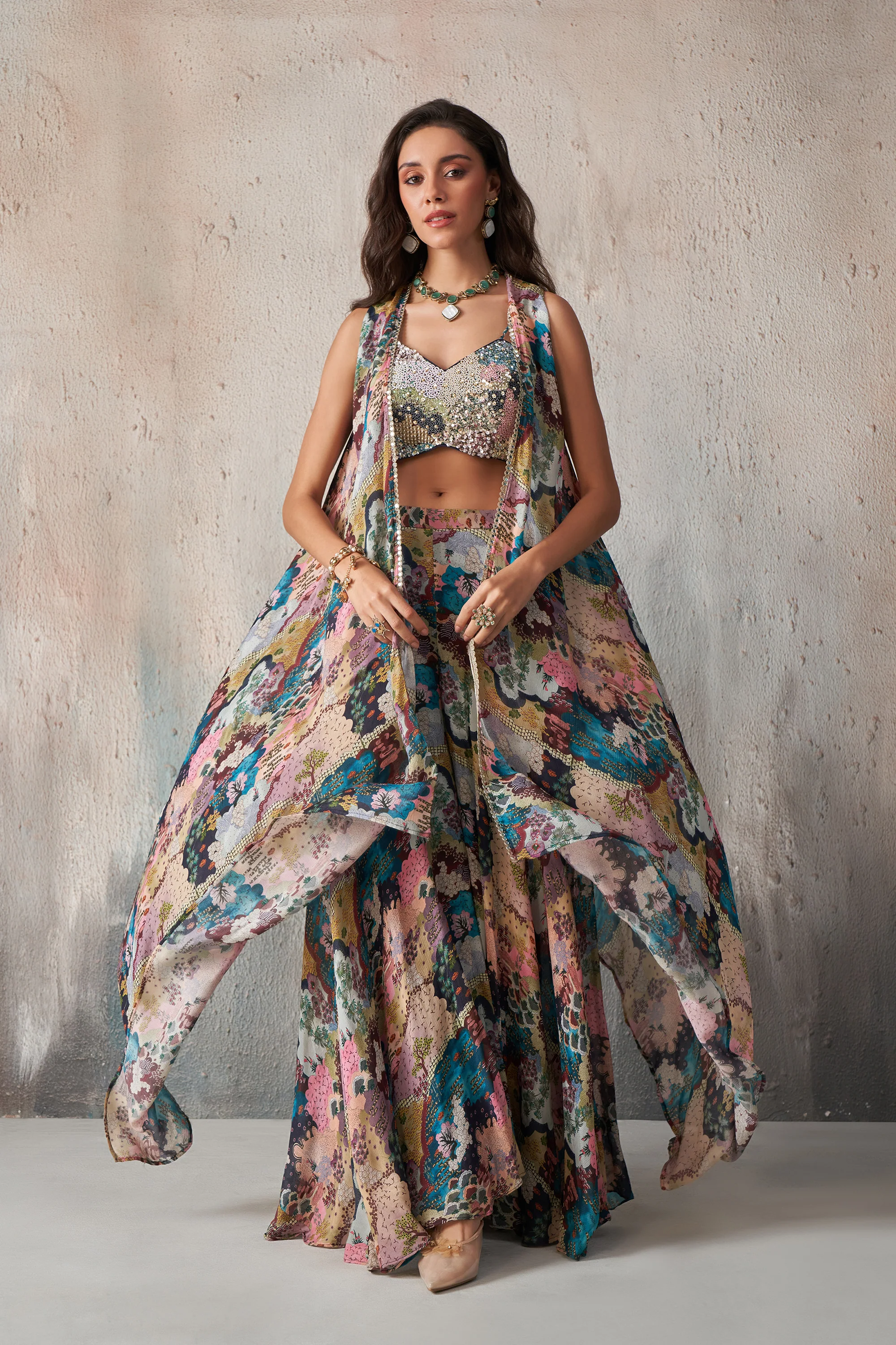 Chinnon Printed Khatli Work Blouse Sharara indo-Western IWJ0023