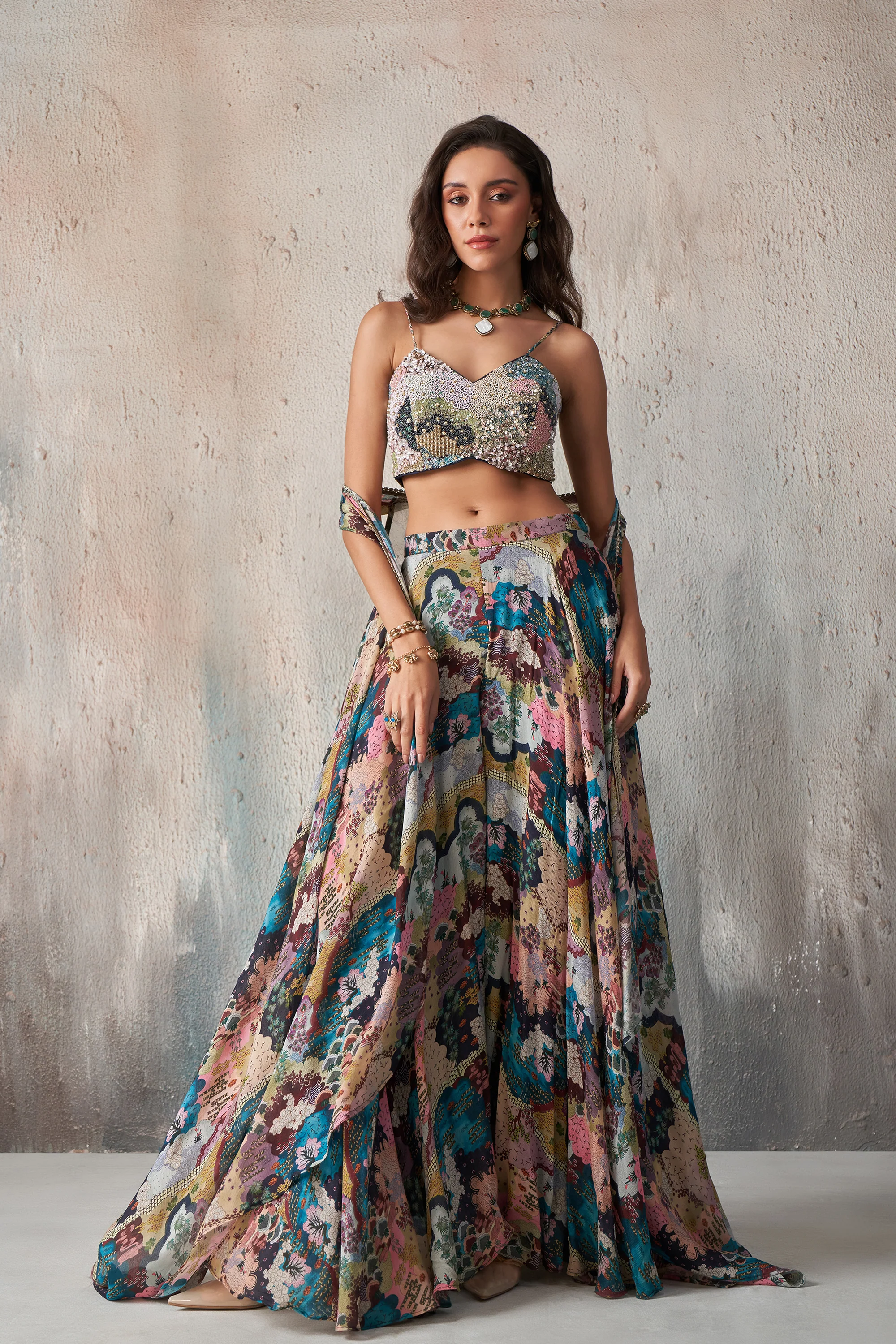 Chinnon Printed Khatli Work Blouse Sharara indo-Western IWJ0023