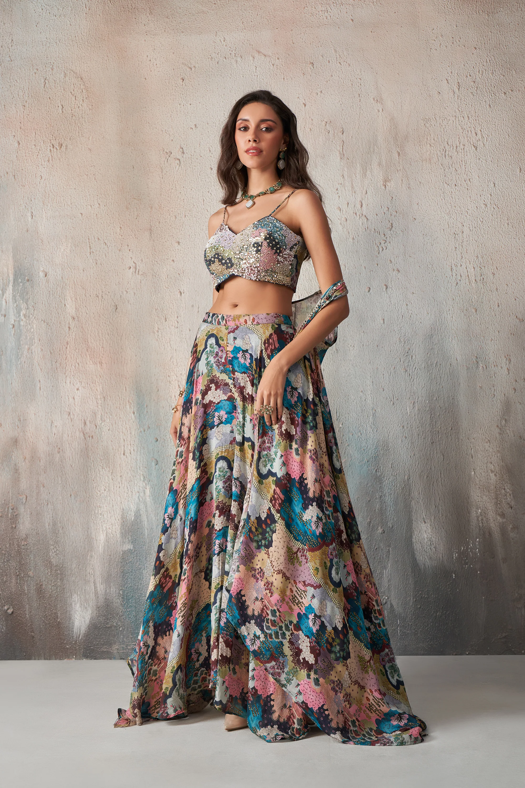 Chinnon Printed Khatli Work Blouse Sharara indo-Western IWJ0023