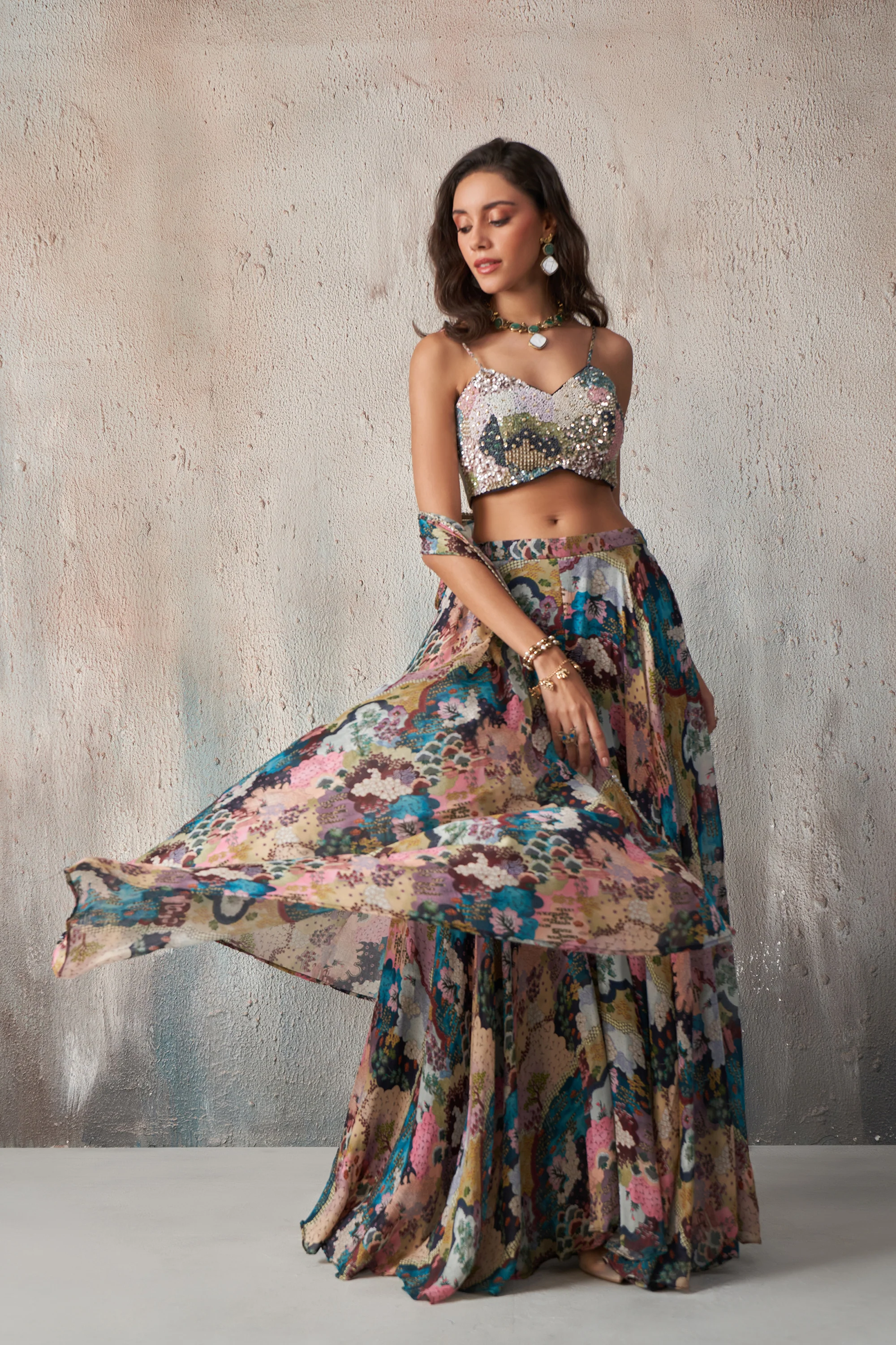 Chinnon Printed Khatli Work Blouse Sharara indo-Western IWJ0023