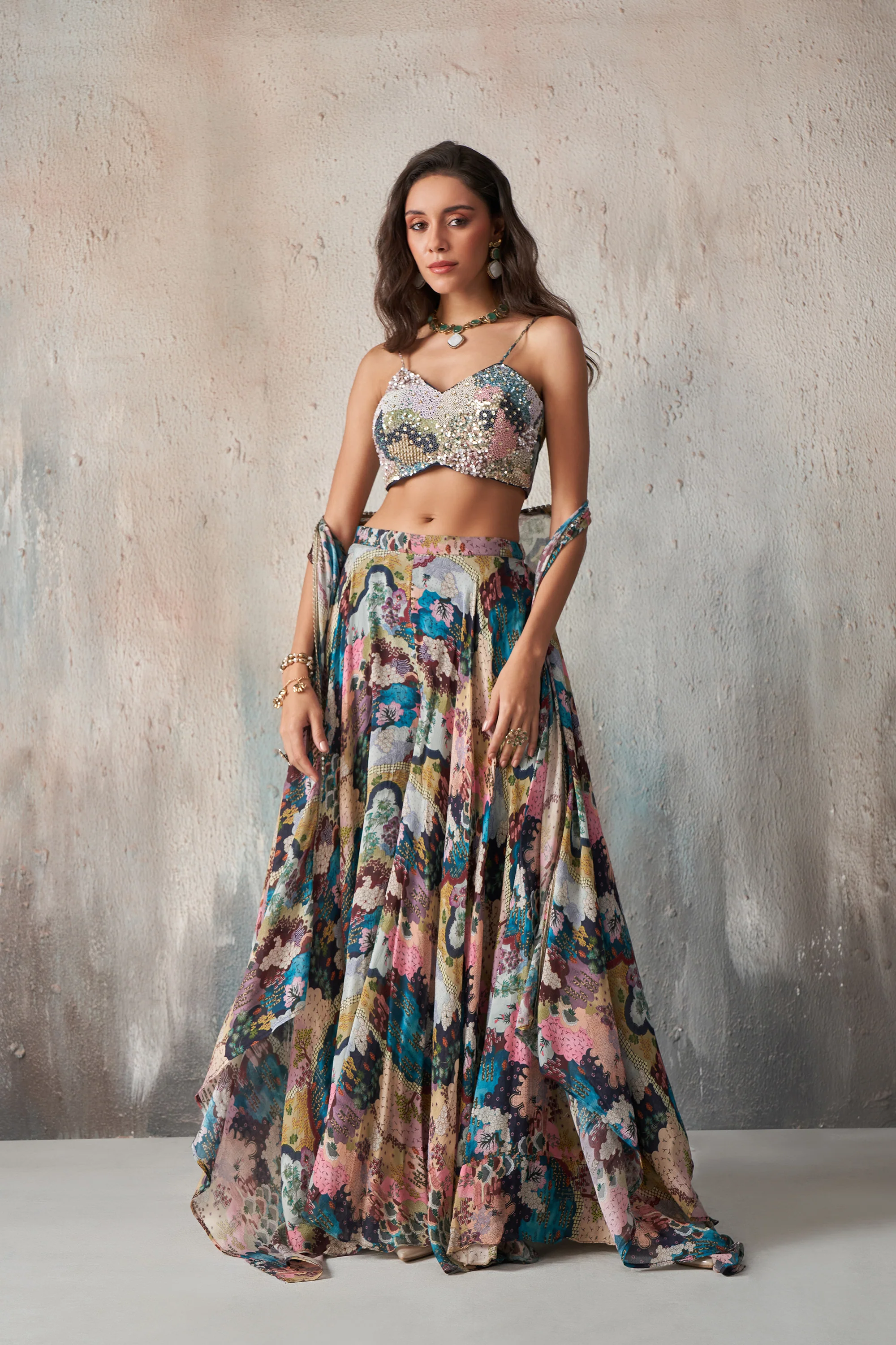 Chinnon Printed Khatli Work Blouse Sharara indo-Western IWJ0023