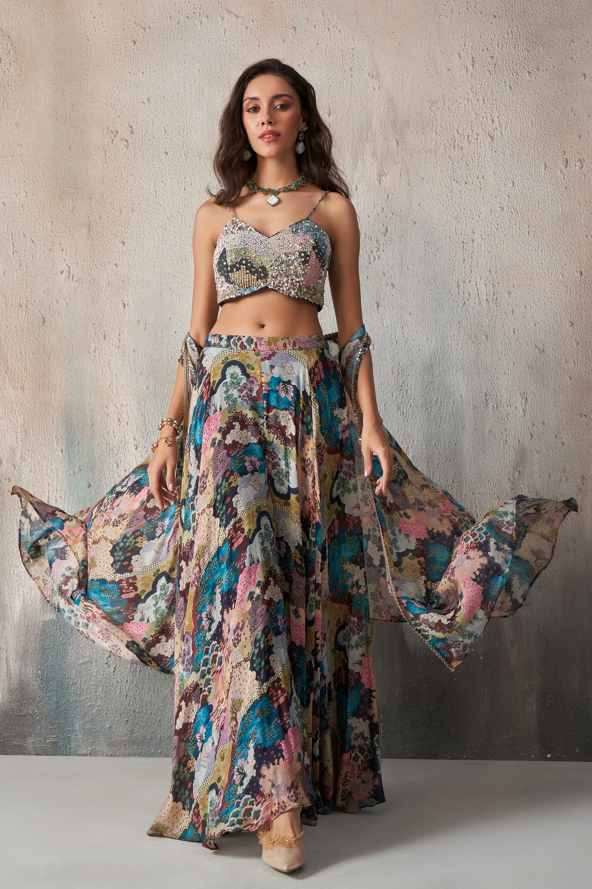 Chinnon Printed Khatli Work Blouse Sharara indo-Western IWJ0023