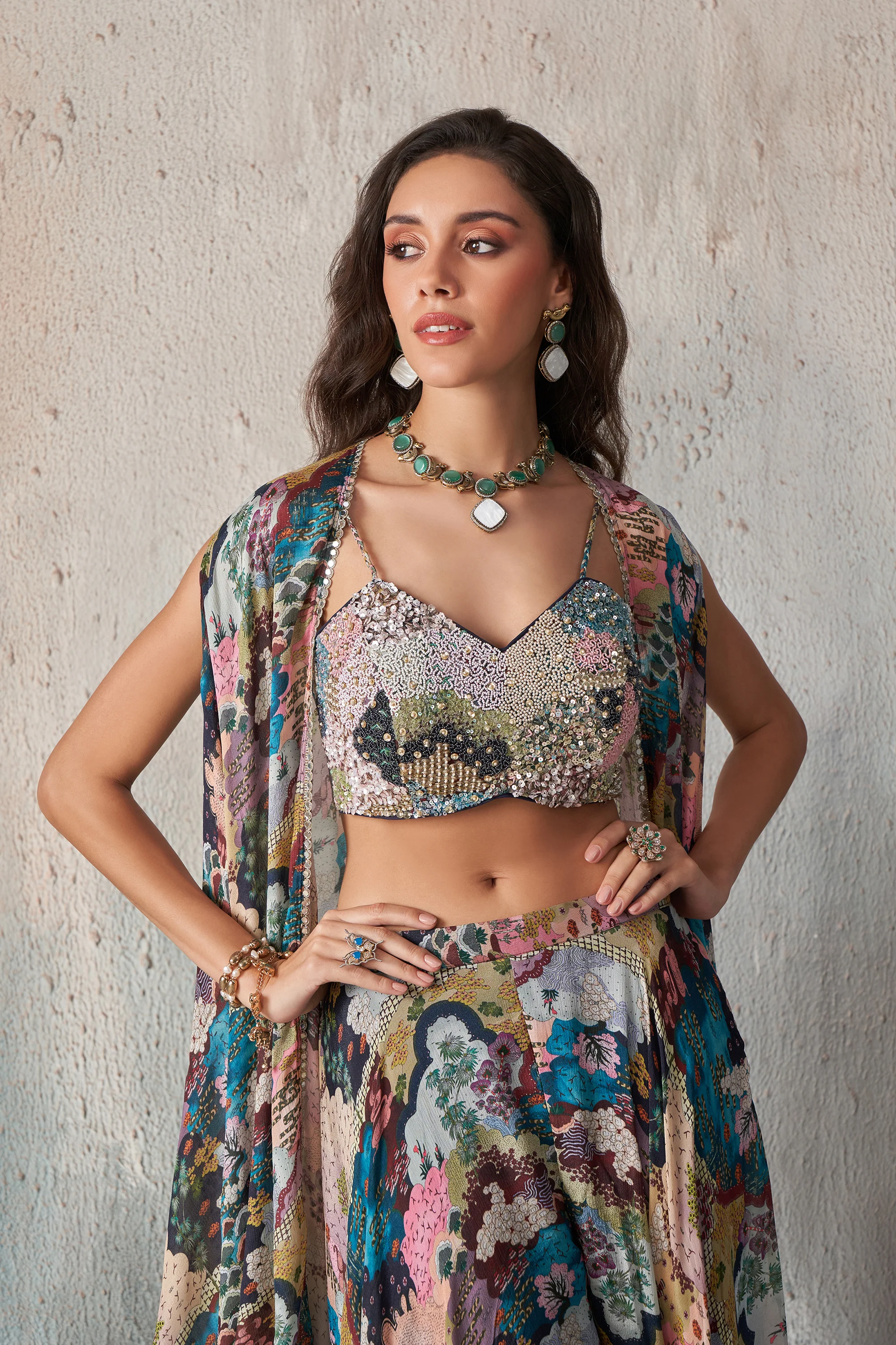 Chinnon Printed Khatli Work Blouse Sharara indo-Western IWJ0023