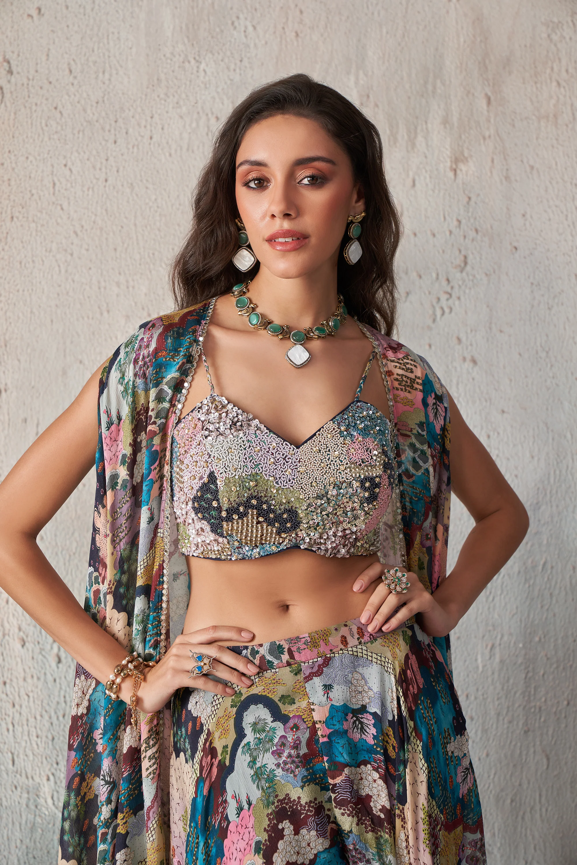 Chinnon Printed Khatli Work Blouse Sharara indo-Western IWJ0023