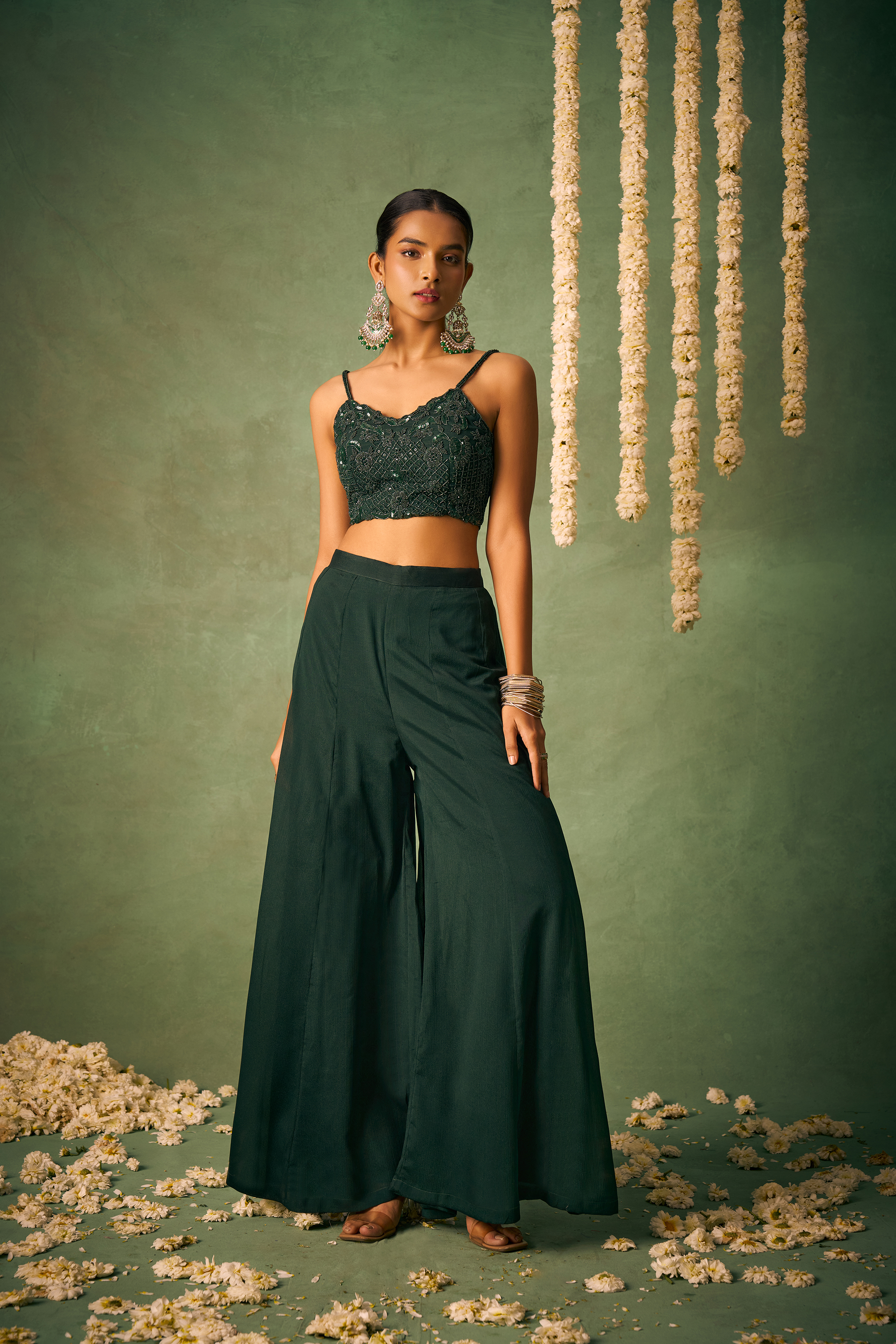 Beautiful Green Khatli Work Blouse With Sharara Indo-Western IWJ0031