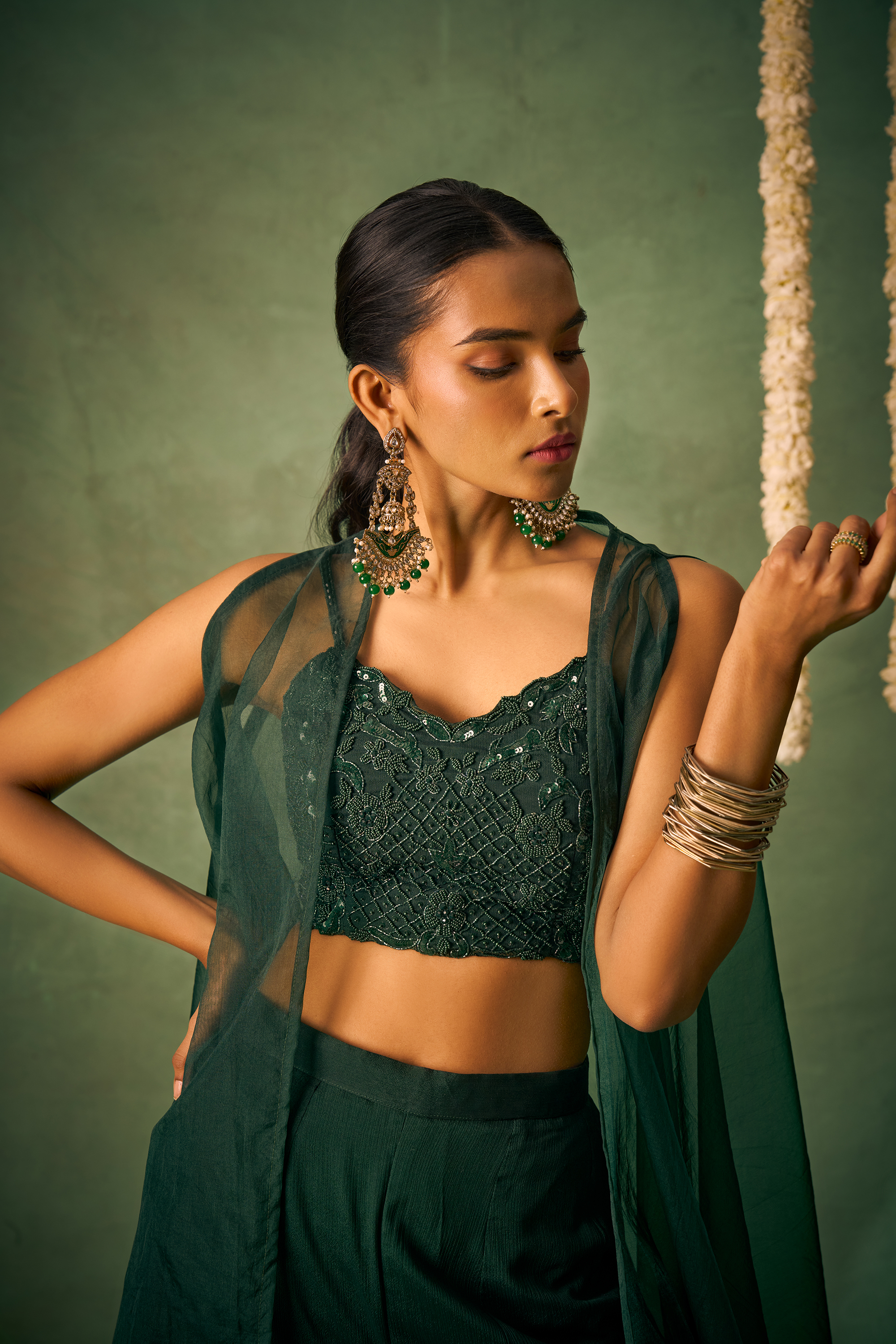 Beautiful Green Khatli Work Blouse With Sharara Indo-Western IWJ0031
