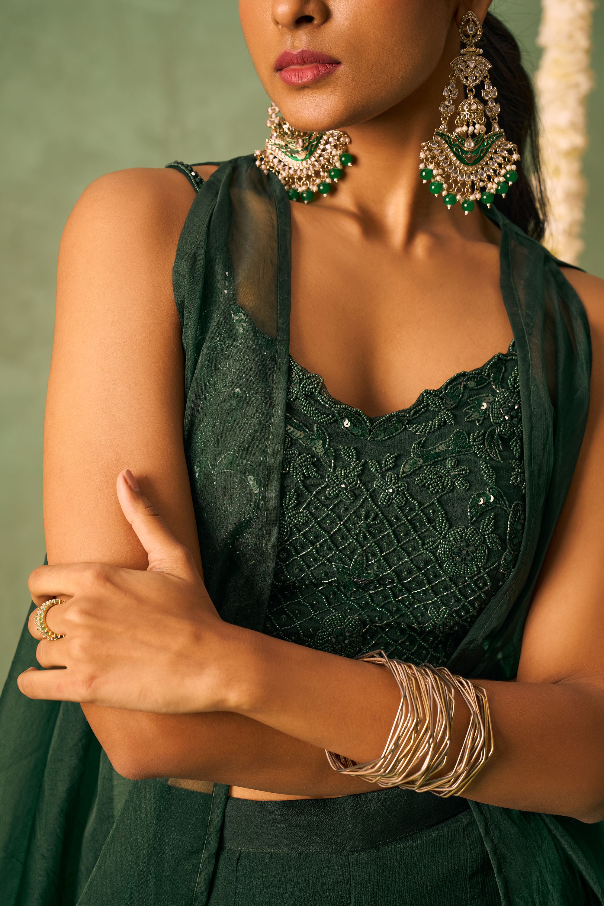 Beautiful Green Khatli Work Blouse With Sharara Indo-Western IWJ0031