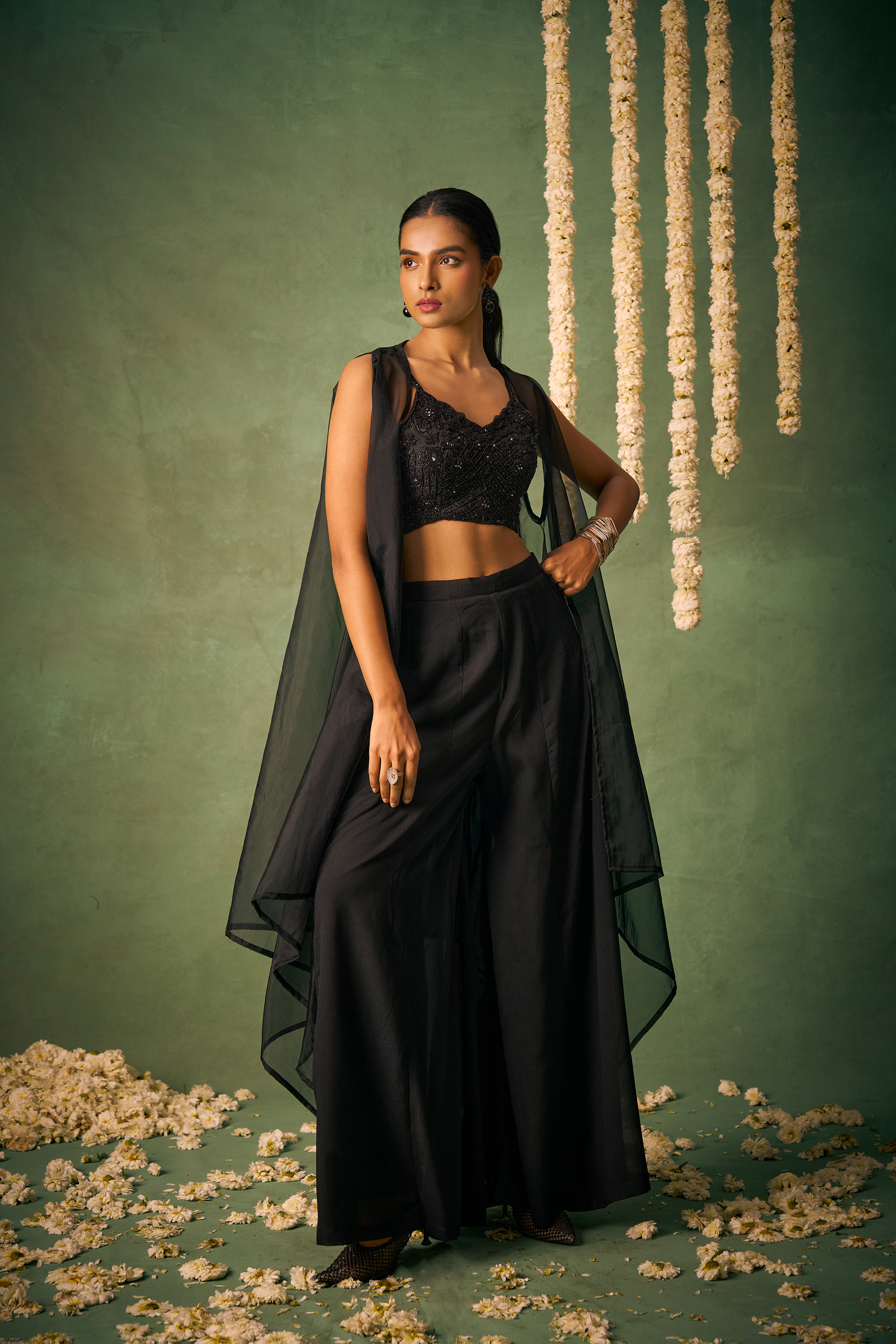 Black Chinon Hand Embroidered Stylish Indo-Western IWJ0030