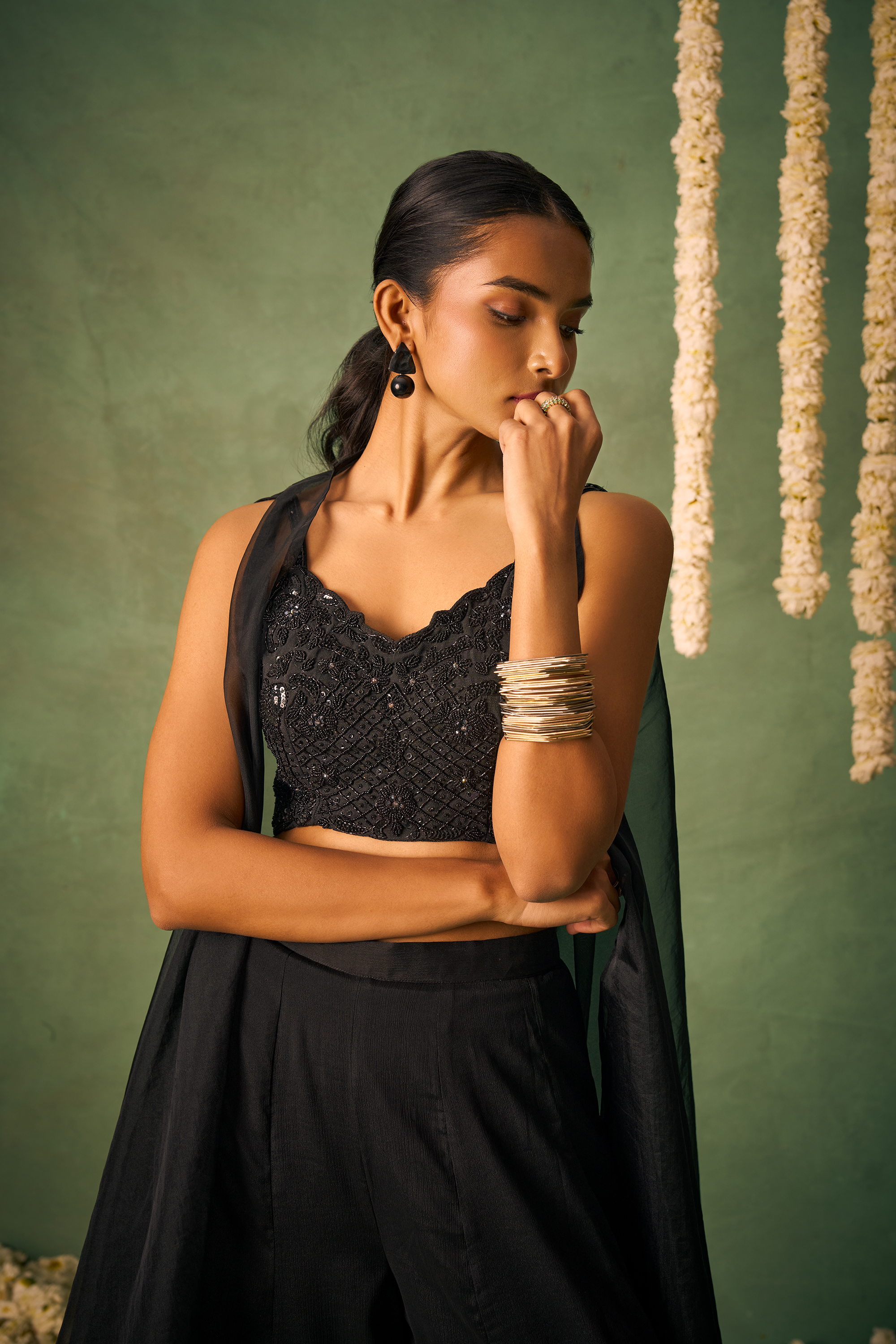 Black Chinon Hand Embroidered Stylish Indo-Western IWJ0030
