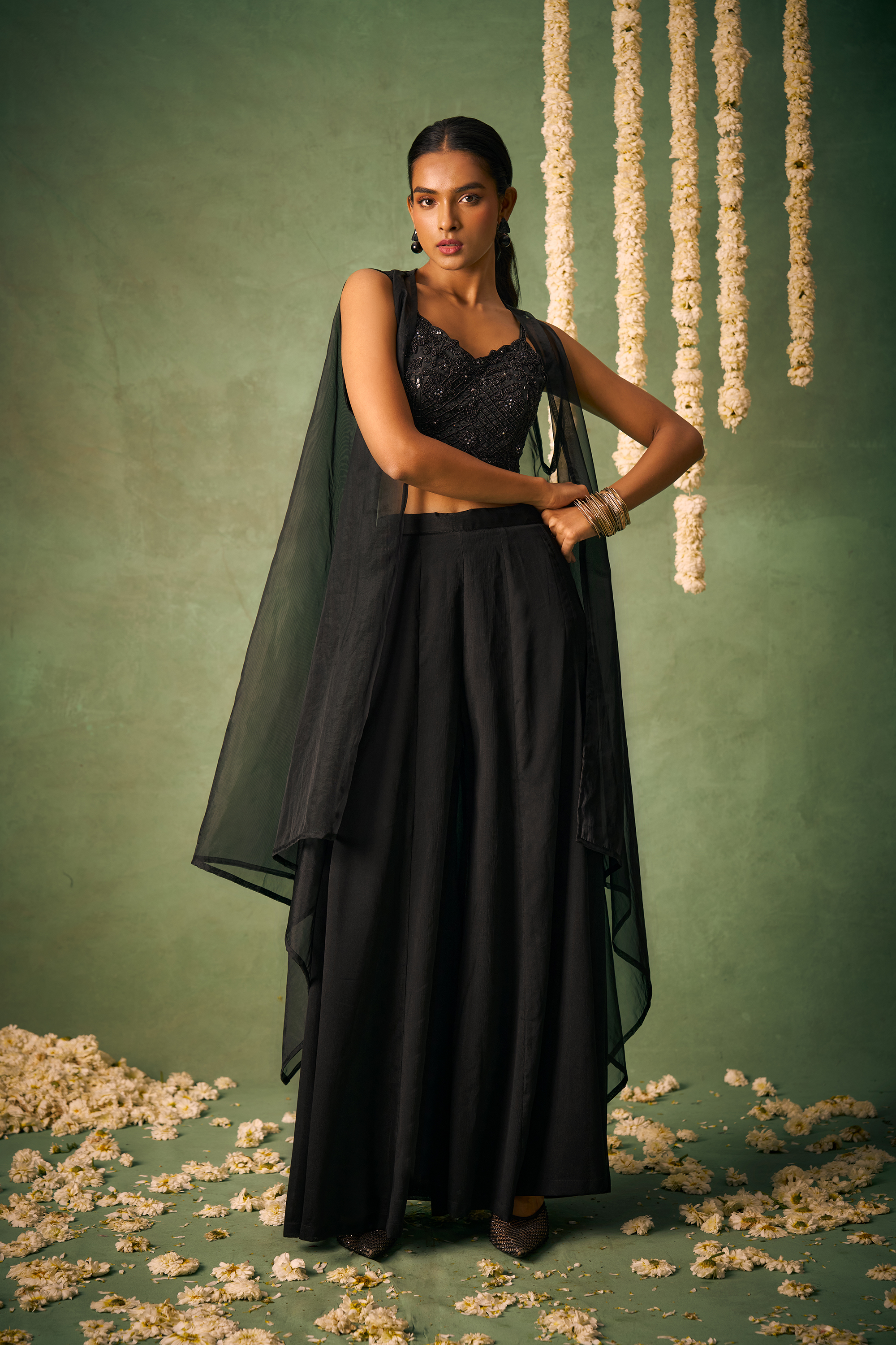 Black Chinon Hand Embroidered Stylish Indo-Western IWJ0030