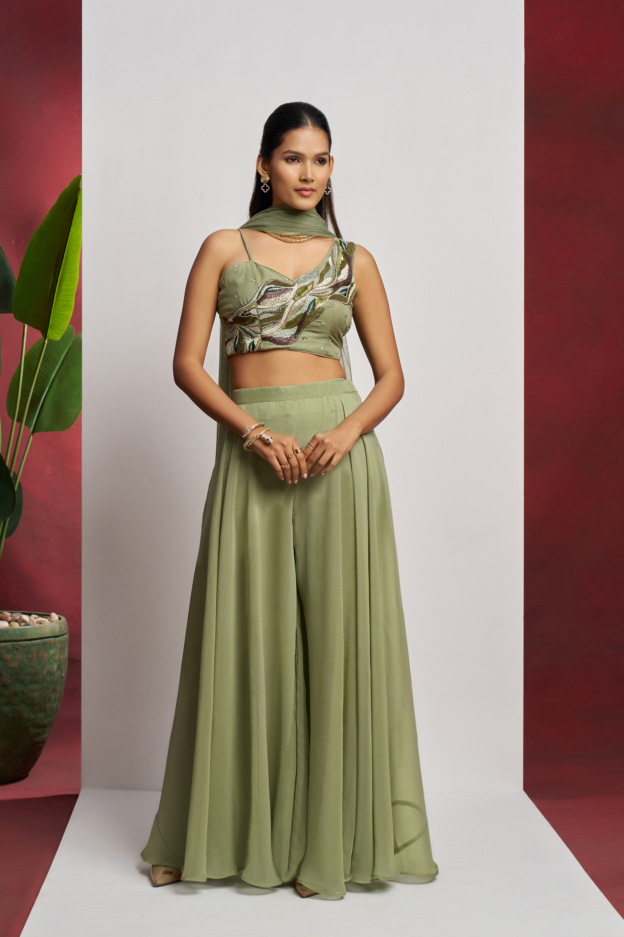 Indo western wear Beautiful Mint Green Khatli Work Blouse With Sharara Indo-Western IWJ0033