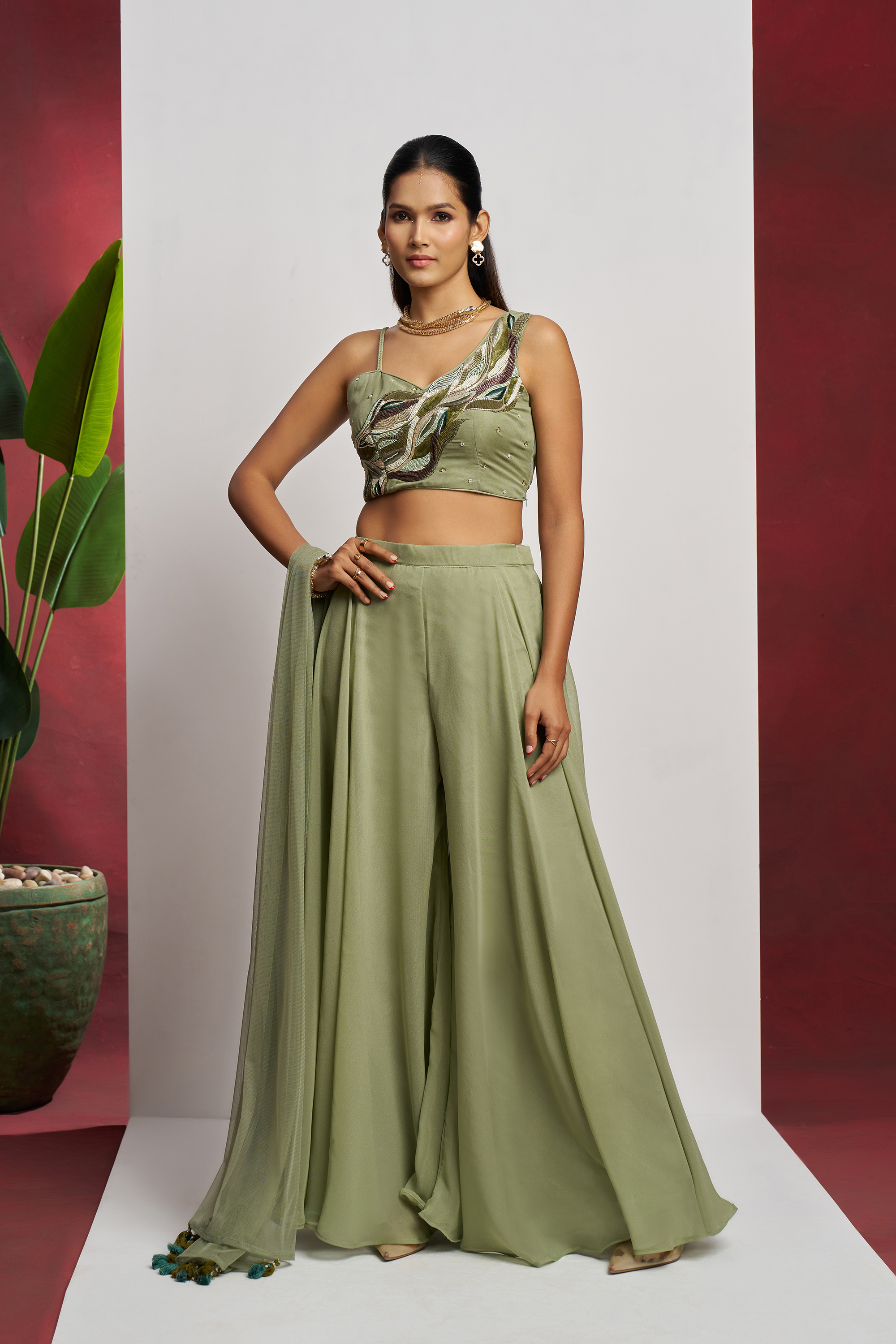 Indo western wear Beautiful Mint Green Khatli Work Blouse With Sharara Indo-Western IWJ0033