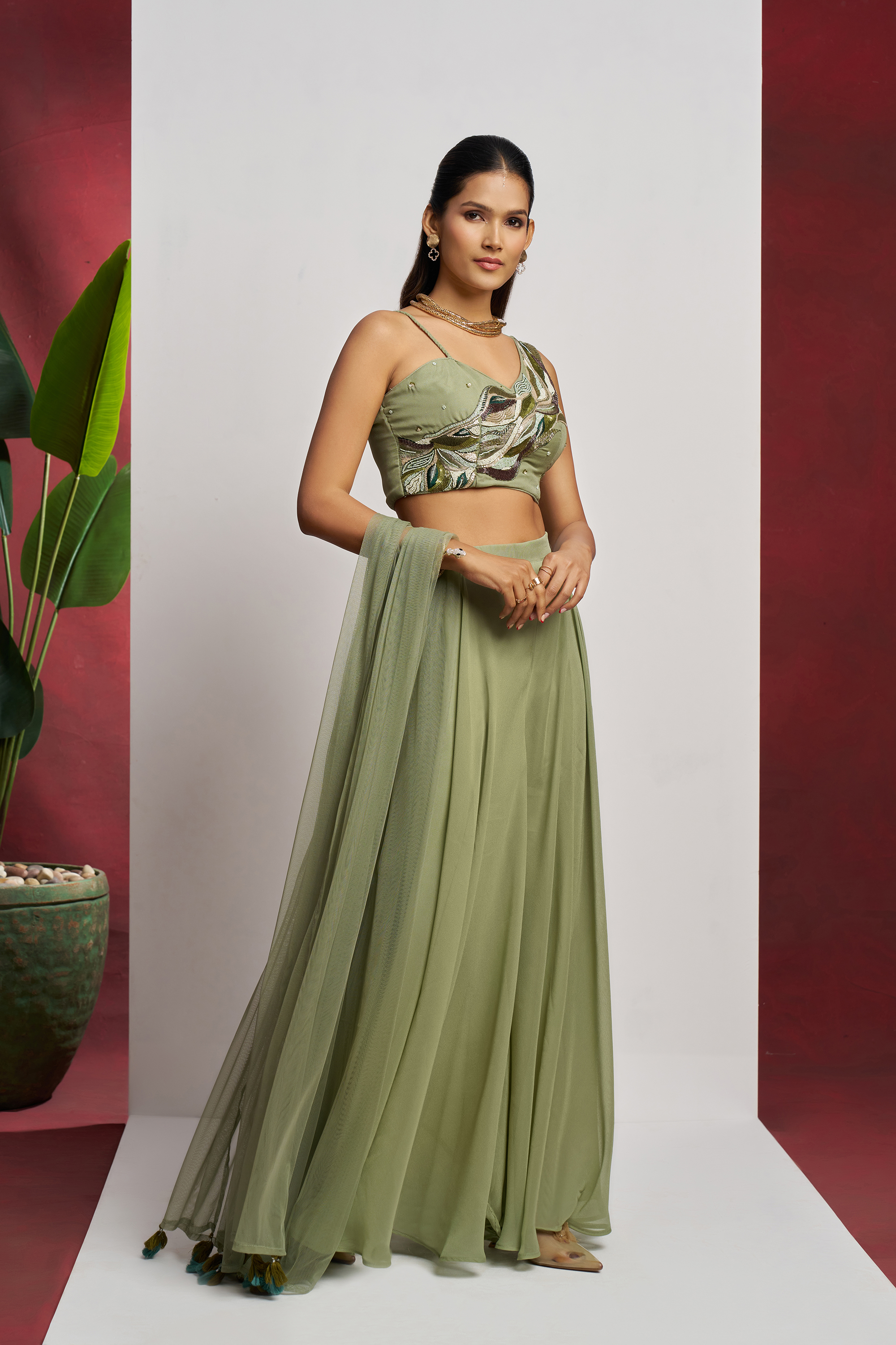 Indo western wear Beautiful Mint Green Khatli Work Blouse With Sharara Indo-Western IWJ0033
