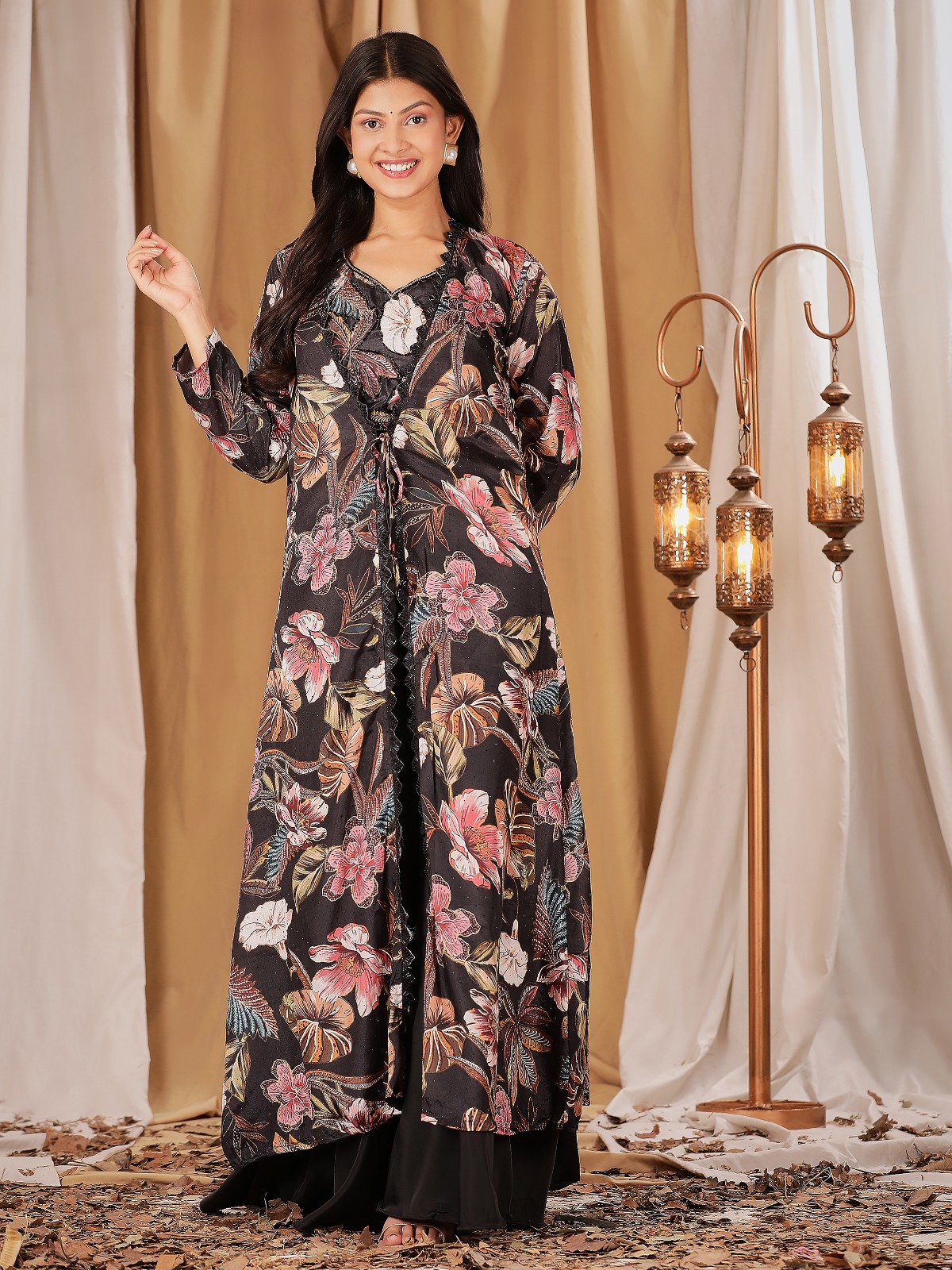 "Black Floral Indo-Western with Palazzo"IWJ0034